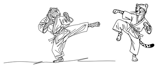 Leopard and cheetah martial artists fighting in traditional gi uniforms in minimalist line art style © Logan