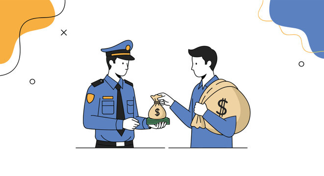 Conceptual illustration of a police officer in uniform accepting a small bag of money from a civilian to represent bribery.