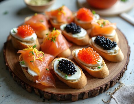 Assorted fish appetizers on bread slices include smoked salmon and roe. Cream cheese base adds rich flavor. Garnished with herbs and lemon zest for elegance. This delicate bite is perfect for parties.