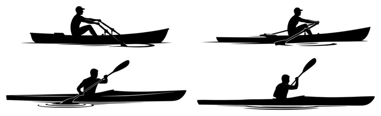 Silhouettes of people rowing boats and paddling kayaks on water in minimalist black and white style © Logan