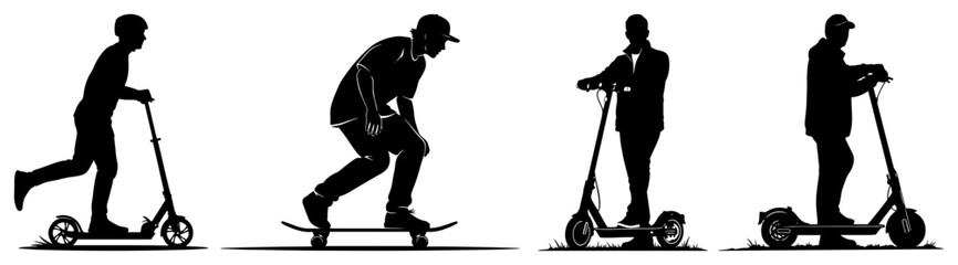 People riding kick scooters e-scooters and skateboard in urban mobility silhouette style © Logan
