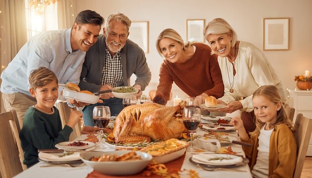 Family gathers around dinner table to serve carved roasted turkey