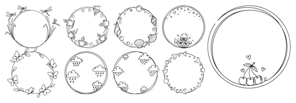 Circular frames set featuring butterflies rain clouds and coffee in minimalist line art style