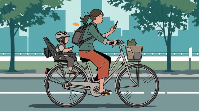 子供を後部座席に乗せた自転車で送迎する親がスマホを操作する交通違反の様子を描いたイラスト素材で、事故防止や安全意識向上に役立つ教育向けビジュアル