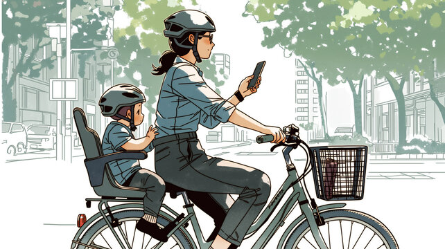 子供を後部座席に乗せた自転車で送迎する親がスマホを操作する交通違反の様子を描いたイラスト素材で、事故防止や安全意識向上に役立つ教育向けビジュアル