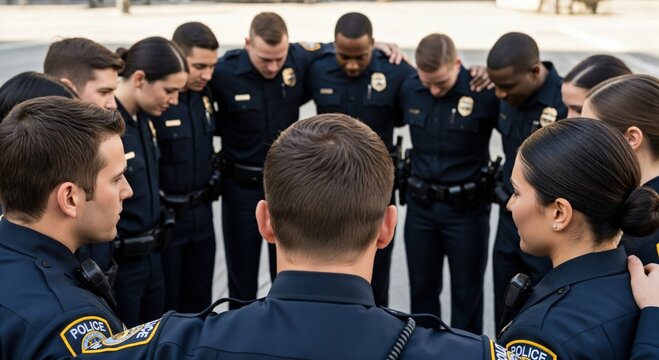 Police Officers in Circle Prayer and Reflection - Team Bonding and Emotional Support Among Law Enforcement