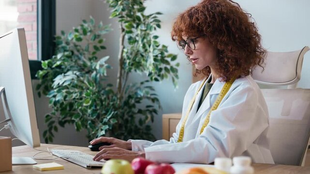 Video of nutritionist woman working with computer in the hospital consultation