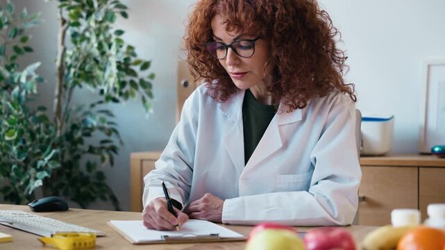 Video of beautiful nutritionist writing some notes while working on computer in the consultation