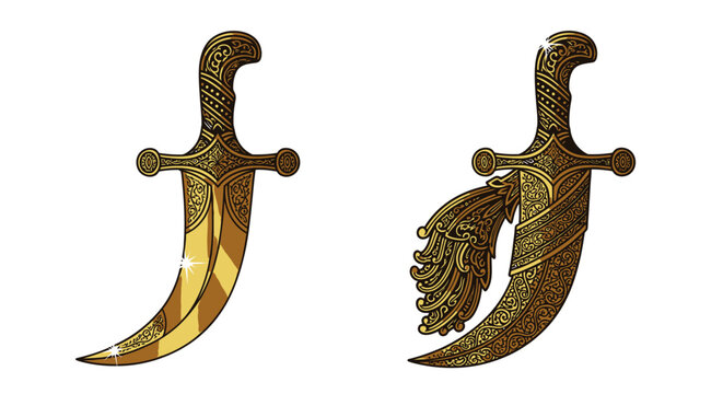 Ornate traditional golden daggers on white background
