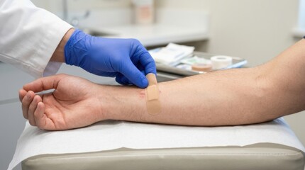Fototapeta premium Doctor applying a bandage to a patient's arm after a medical procedure