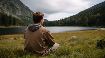 Fototapeta premium A solitary individual sitting by a serene lake reflecting on the expansive natural wilderness under an overcast sky