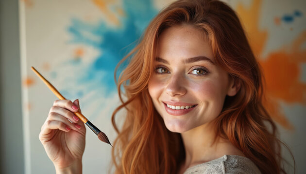 Red haired woman smiles holding paintbrush near abstract painting. Female artist with art supplies looks happy in studio. Creativity and inspiration concept for website.