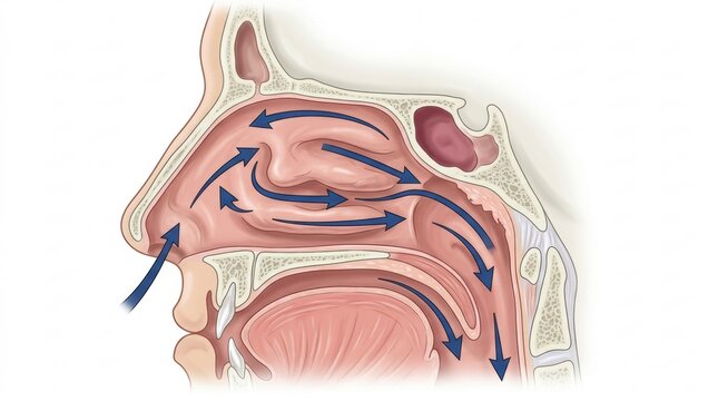Diagram illustrating airflow through the human nasal cavity and pharynx