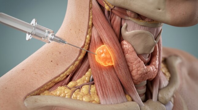 Medical illustration of a needle injecting a tumor in the neck anatomy