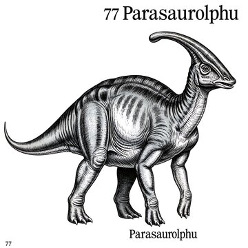 Black and white ink illustration of a Parasaurolophus dinosaur.