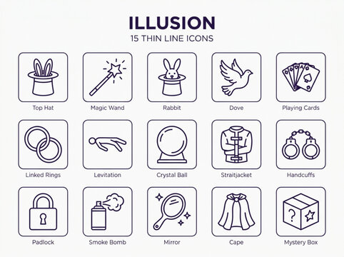 Comprehensive collection of dark blue thin line art illusion icons featuring magic performance props and classic stage trick elements