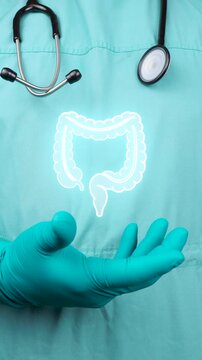 Digestive health and medical microelectronics, large intestine icon with green neon effect, high-resolution digital endoscopy and early detection of polyps and colorectal cancer.