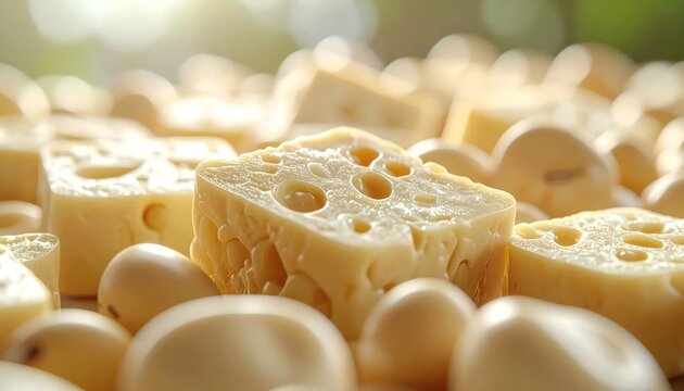 Delicious Swiss Cheese with Holes in Natural Sunlight.