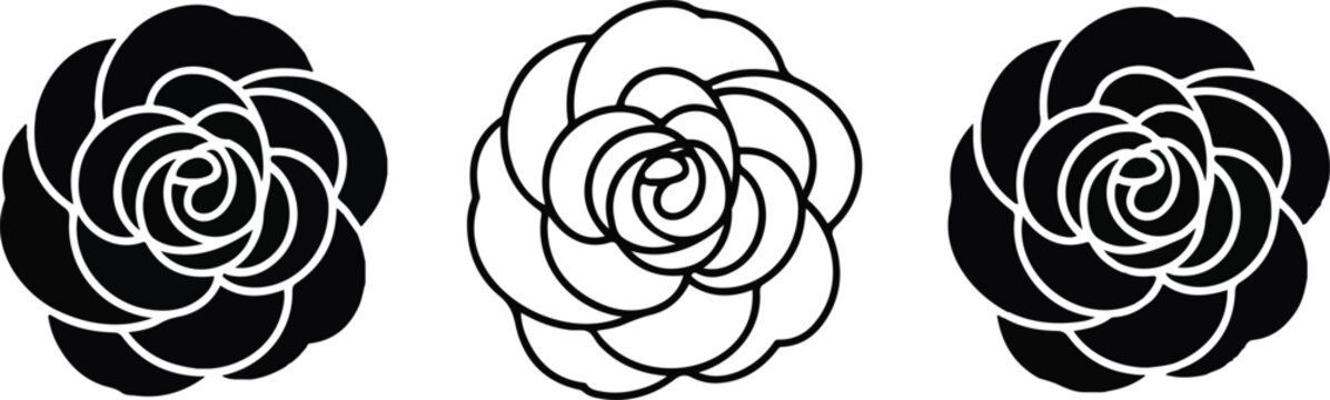 Minimalist black and white rose line art pattern with five spiral flowers arranged horizontally in elegant symmetrical floral composition