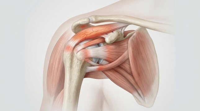 Anatomical illustration of the human shoulder joint with inflamed rotator cuff muscles