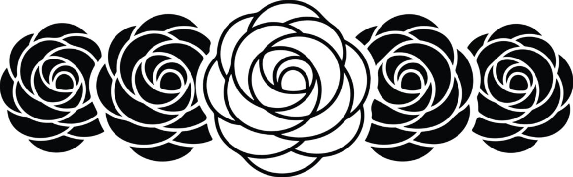 Minimalist black and white rose line art pattern with five spiral flowers arranged horizontally in elegant symmetrical floral composition