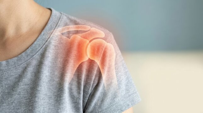 Close-up of a person's shoulder joint with highlighted bones and pain points