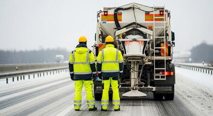 Naklejka premium Winter Road Maintenance Workers Operating Snowplow for Safe Highway Conditions
