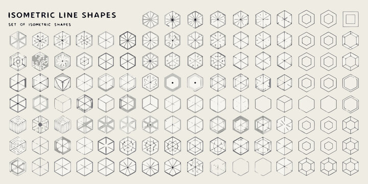 Collection of various isometric line shapes in grayscale tones