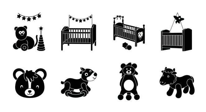 Baby Nursery Icons: Cribs, Toys, and Bear Face - Vector Silhouette Collection