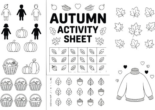 Black and white autumn activity worksheet with pumpkins stick figures leaf grid and sweater illustration in structured educational layout