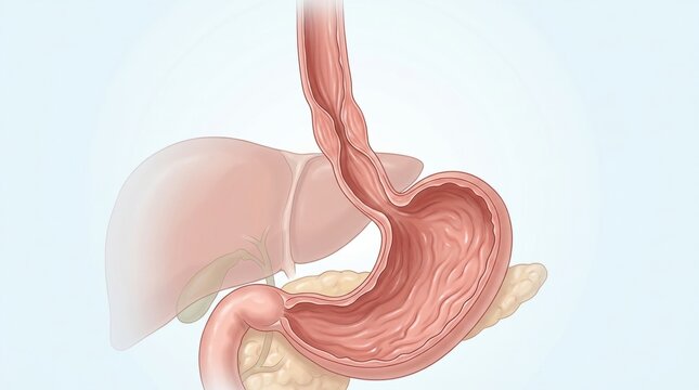 Detailed illustration of the human stomach and surrounding digestive organs