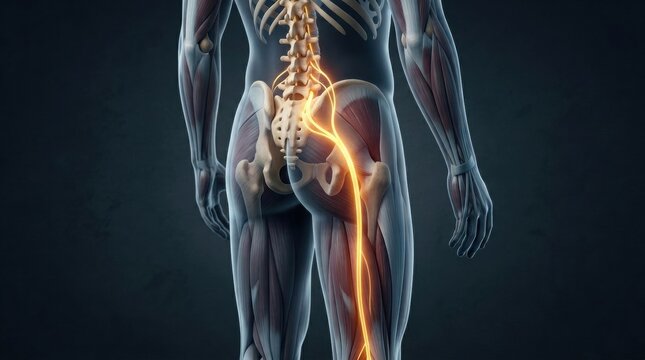 Detailed 3D rendering of the human sciatic nerve and spinal column