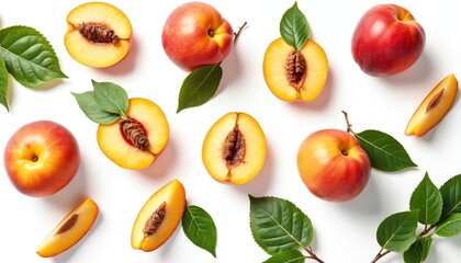 Obraz premium Several whole, halved ripe nectarines with green leaves arranged on clean white background. Juicy fruit slices reveal brown pits, natural freshness, vibrant color. Image promotes healthy eating,
