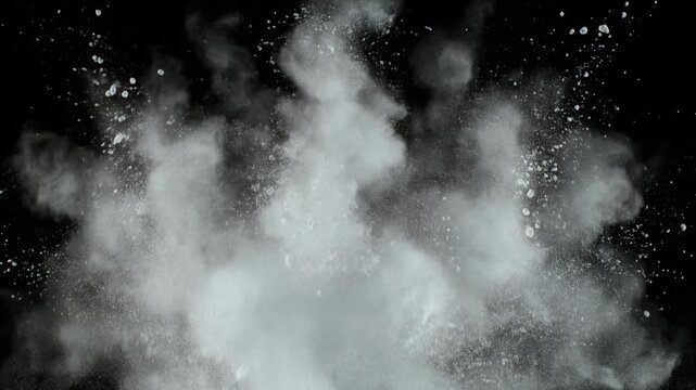 White Powder Explosion on Black Background, Dynamic Abstract Dust Cloud Burst.