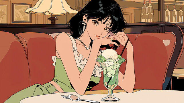 カフェのテーブルでスイーツを楽しむ女性を描いたイラスト素材で、懐かしさと上品な魅力が調和する落ち着いた時間を表現した背景ビジュアルコンテンツ