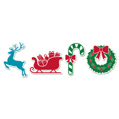 Fototapeta premium Christmas Icons: Reindeer, Sleigh, Candy Cane, Wreath with Bow