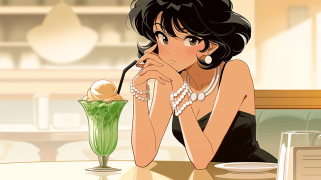 カフェのテーブルでスイーツを楽しむ女性を描いたイラスト素材で、懐かしさと上品な魅力が調和する落ち着いた時間を表現した背景ビジュアルコンテンツ