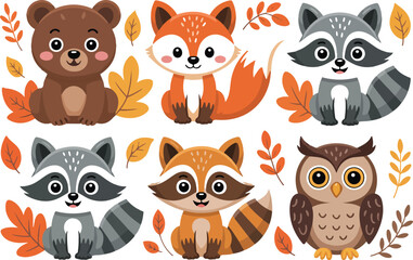 Obraz premium Cute cartoon woodland animal illustration set of six bears foxes raccoons and owl with autumn leaves in grid layout