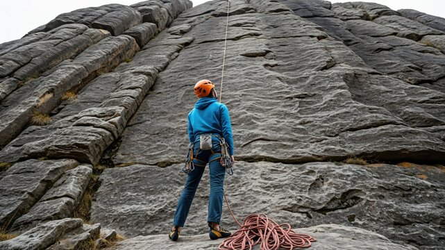Outdoor Rock Climbing Adventure for Adults: Male Climber in Blue Outfit Preparing to Ascend on Rocky Terrain with Safety Gear