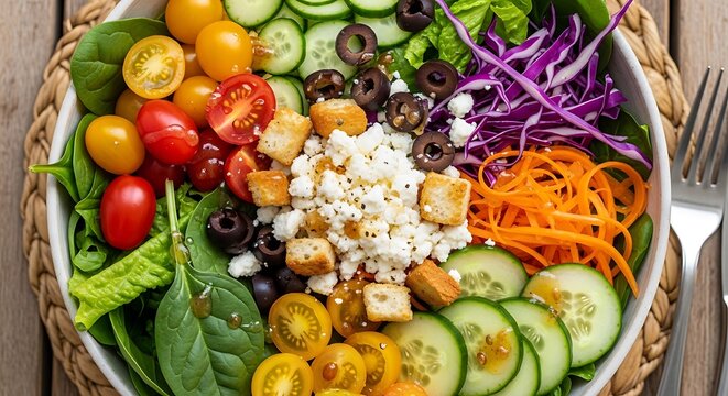 Healthy Fresh Vegetable Salad Bowl with Feta Cheese and Croutons