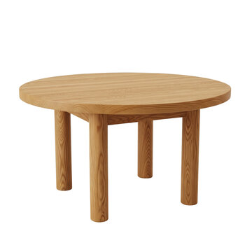 Round wooden table made of solid light oak with four thick legs for interior furniture design