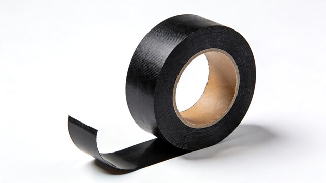 Roll of black electrical or duct tape isolated on white background, adhesive industrial tool.
