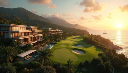 Naklejka premium Luxury hotel resort sits on a hill overlooking ocean. Golf course greens surround modern buildings. Sailboat drifts on calm sea at sunset. Lush tropical nature blends with architecture.
