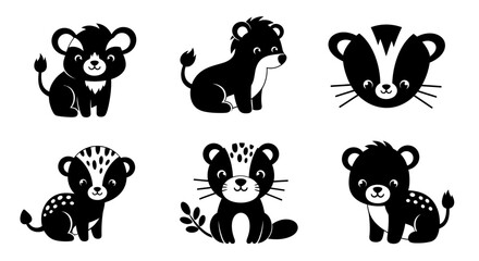 Fototapeta premium Cute Cartoon Animals Set: Skunks and Baby Lions, Black and White Vector Illustrations