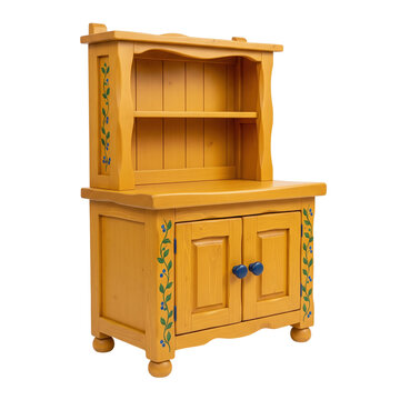 Traditional wooden kitchen hutch with painted floral vines and blue knobs for rustic interior
