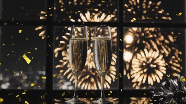 Cinematic Slow Motion Shot of Champagne Glasses Raised in New Year Countdown Toast with Golden Fireworks, Celebration