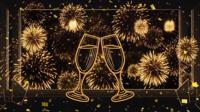Cinematic Slow Motion Shot of Champagne Glasses Raised in New Year Countdown Toast with Golden Fireworks, Celebration
