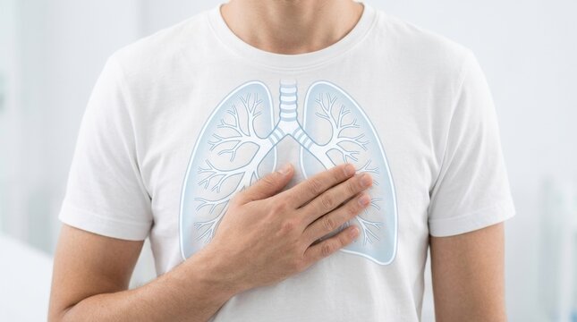 Man with hand on chest showing illustration of lungs on t-shirt