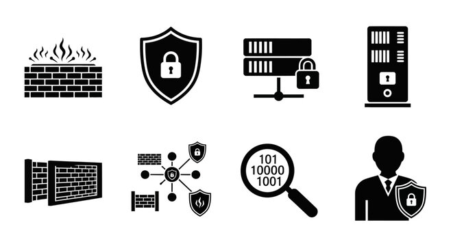 Cybersecurity Icons: Firewall, Shield, Server, Data Security, Network Protection, Magnifying Glass, User