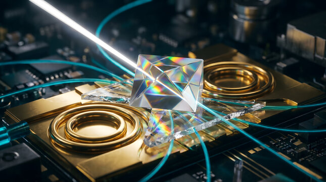 Hyper-Photorealistic Extreme Macro of a Quantum Optical Computer Chip with Dichroic Glass and Gold Circuitry, Advanced Cybersecurity and Data Encryption Concept, No Text.